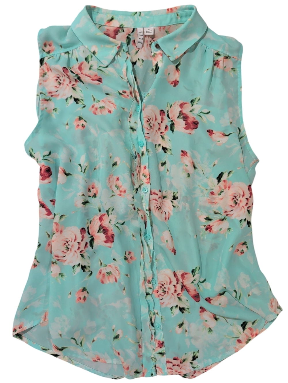 Elle Floral Sleeveless Camisole - Aqua and Pink (#D1015)